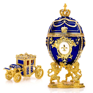 blue faberge egg replica set with a faberge carriage