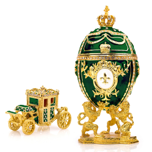 green faberge egg replica setwith a faberge carriage